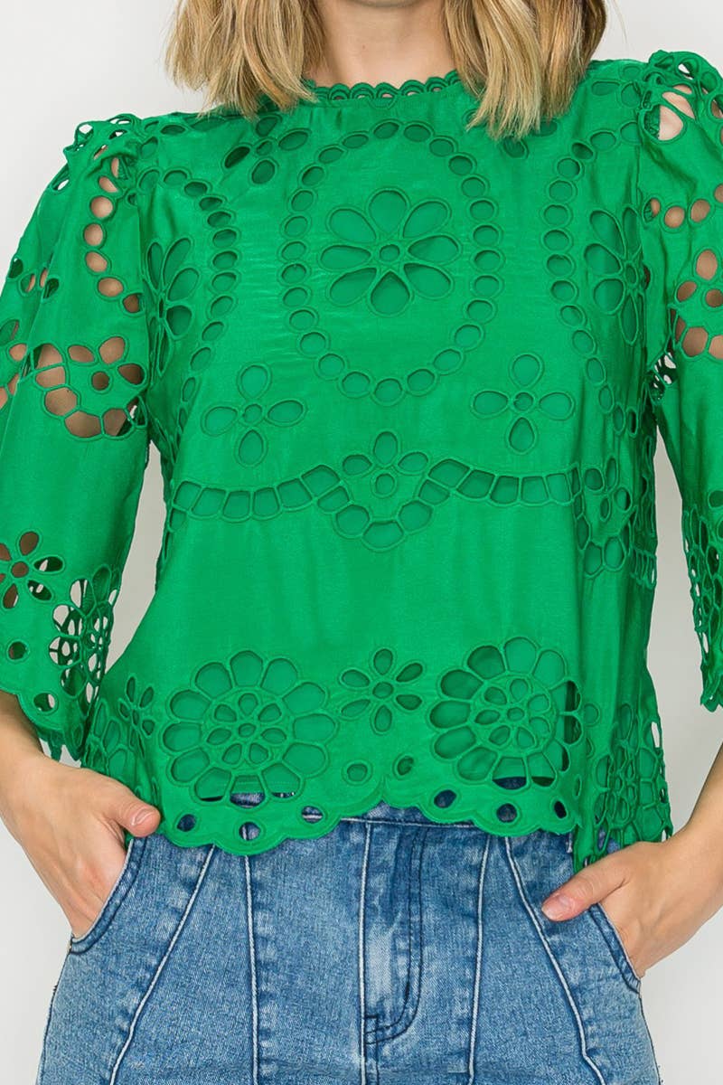 Green Daisy Eyelet Top
