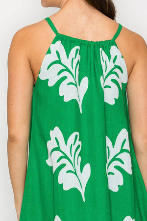 Green Leaves Placement Print Mini Halter Dress