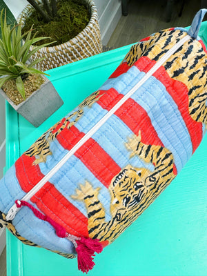 Blue and Tomato Striped Tiger Cosmetic Bag