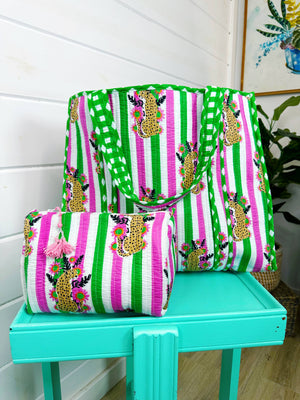 Pink and Green Jaguar Print Quilted Cosmetics Bag