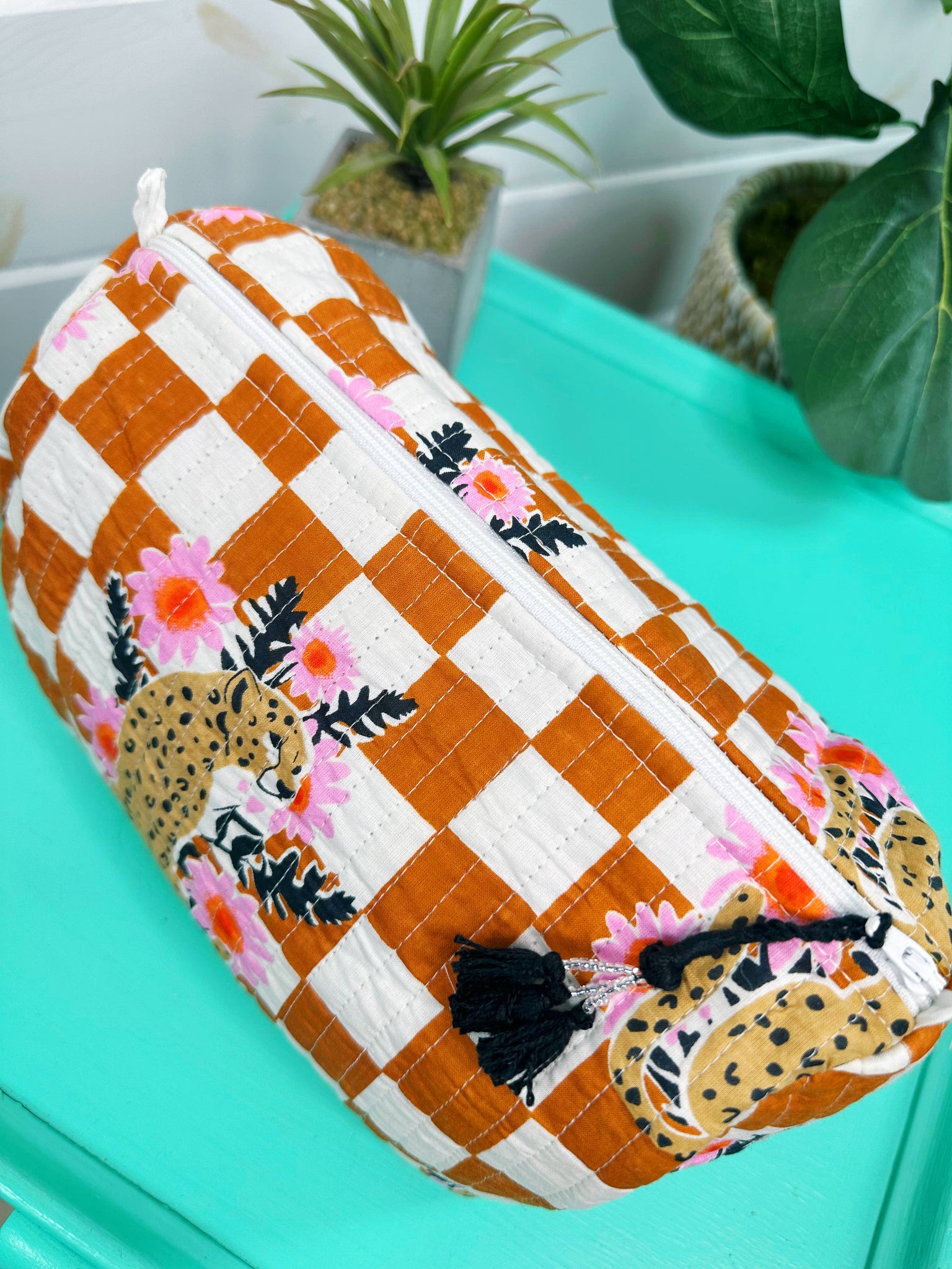 Gold Checkered Jaguar Print Quilted Cosmetics Bag