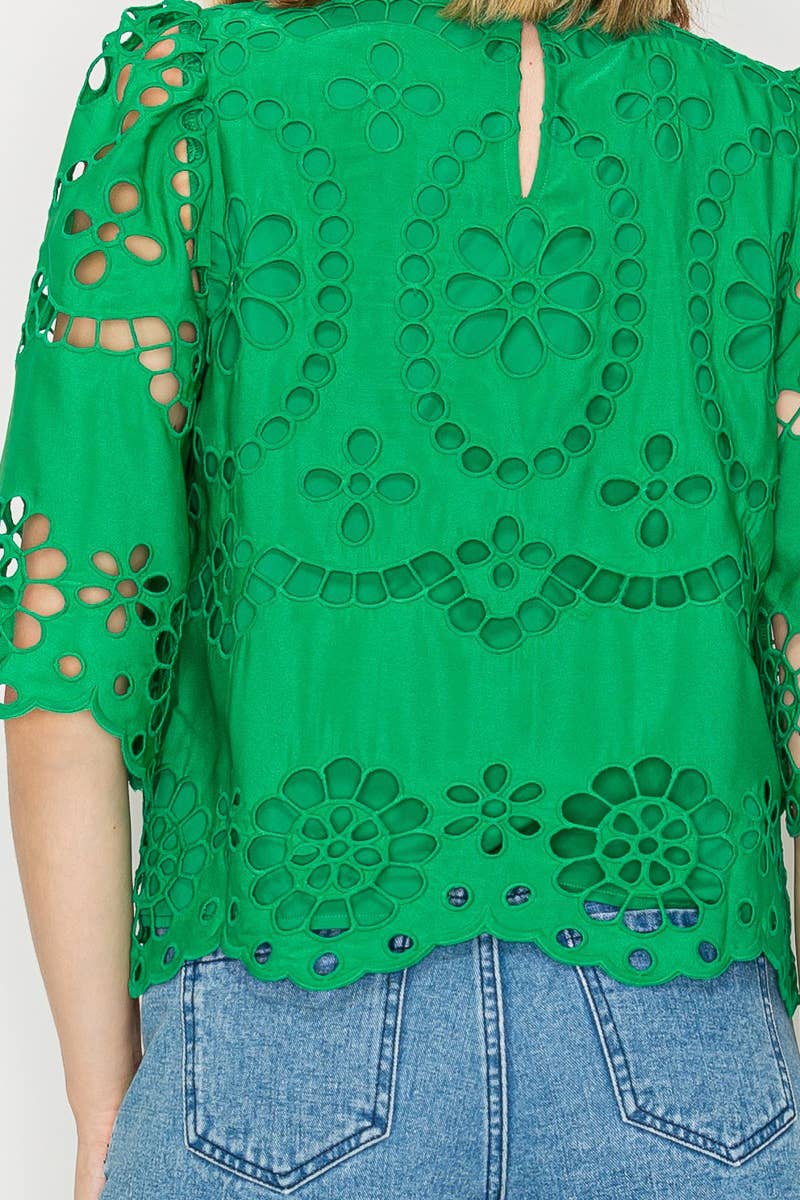 Green Daisy Eyelet Top