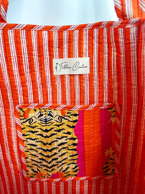 Orange Quilted Tiger Print Tote Bag