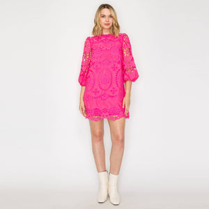 Dragonfruit Pink Daisy Eyelet Mini Dress