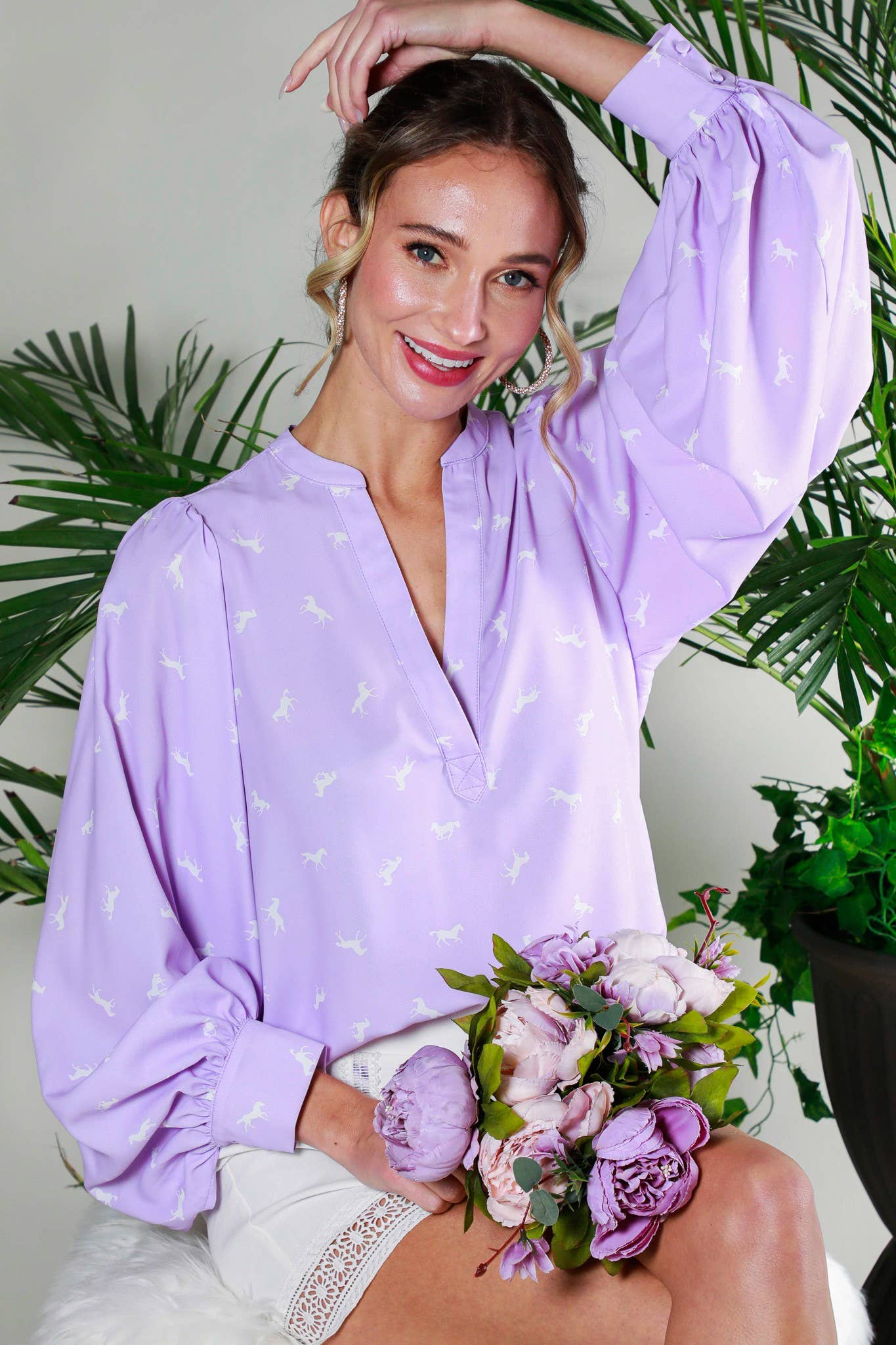 Horse Print Balloon Sleeve Blouse