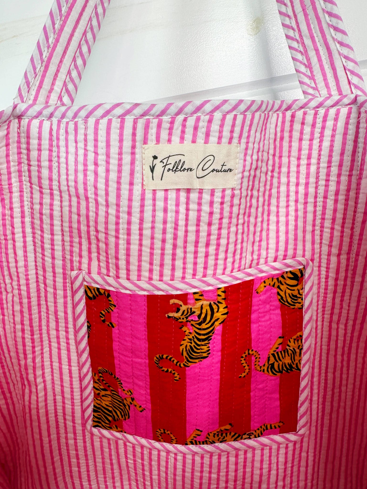 Pink Striped Tiger Quilted Tote Bag