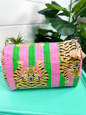 Pink and Green Tiger Print Cosmetic Bag