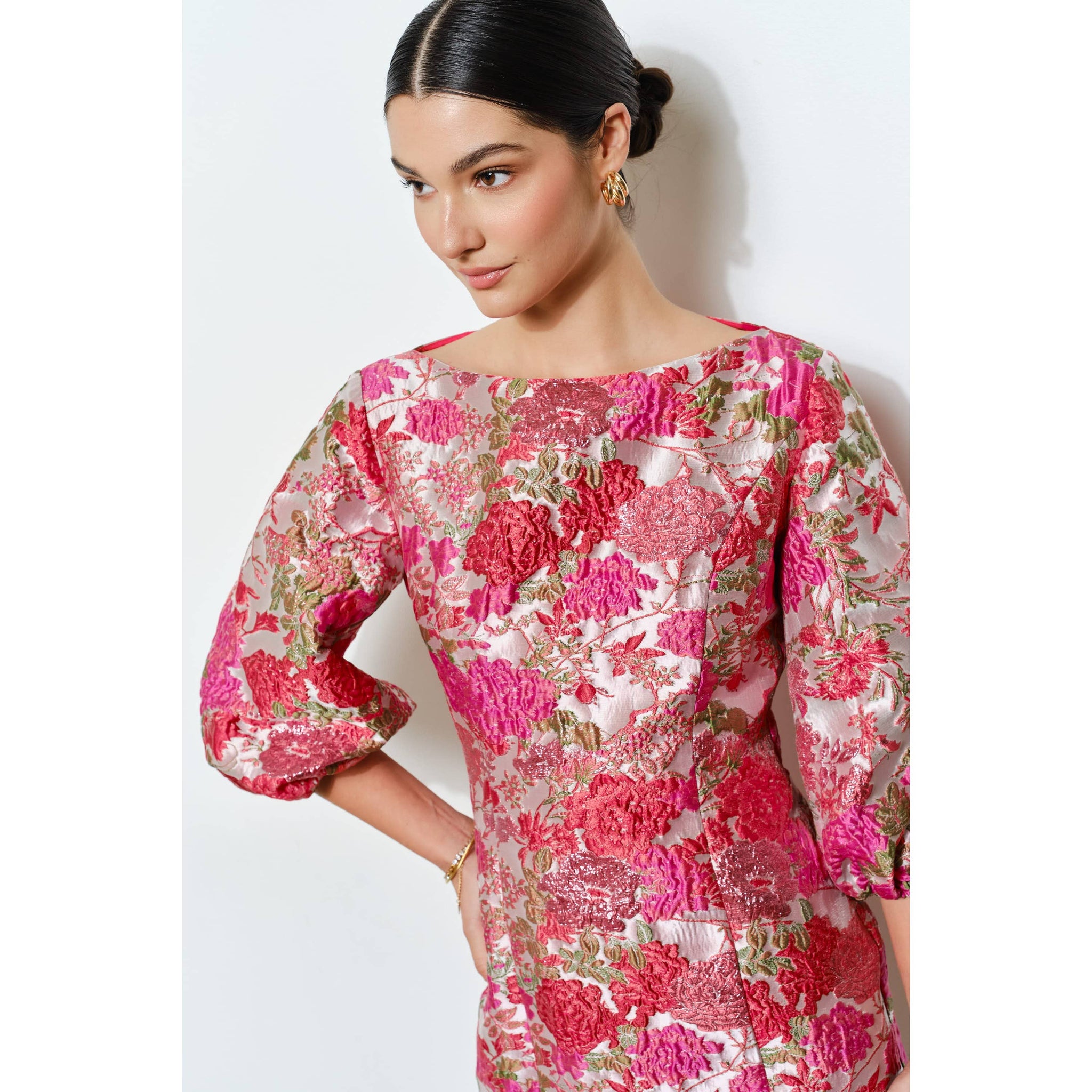 pink multi jacquard puff sleeve darcy mini dress Jacquard Puff Mini Dress M