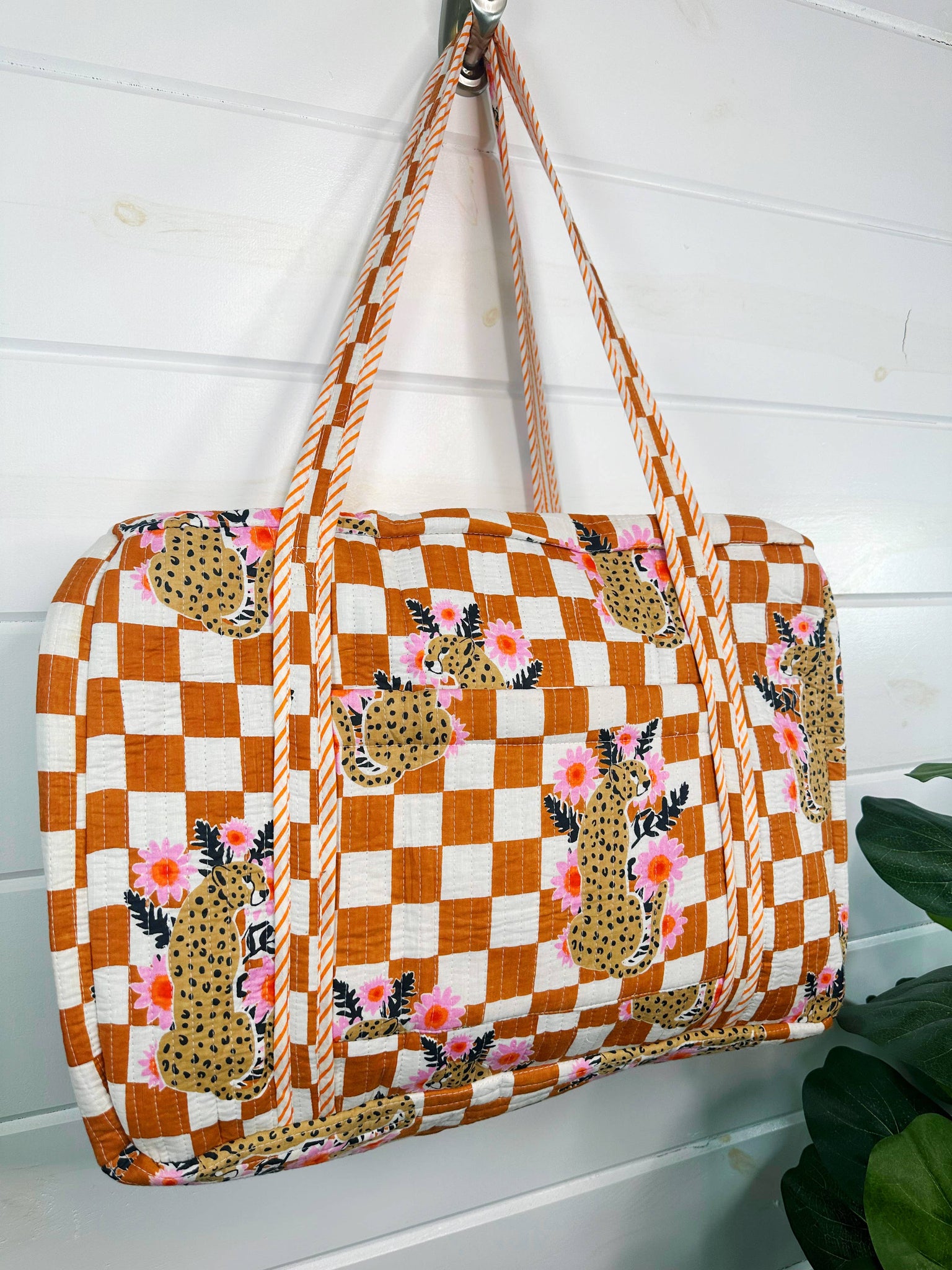 Gold Checkered Jaguar Print Quilted Duffle Bag