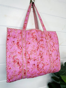 Pink Floral Print Oversized Quilted Tote Bag