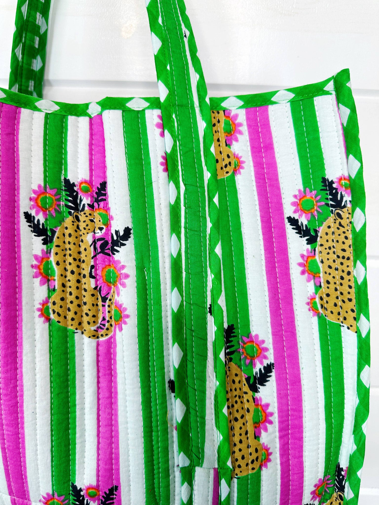Pink and Green Jaguar Print Oversized Quilted Tote Bag