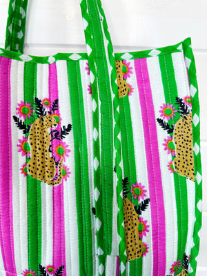 Pink and Green Jaguar Print Oversized Quilted Tote Bag