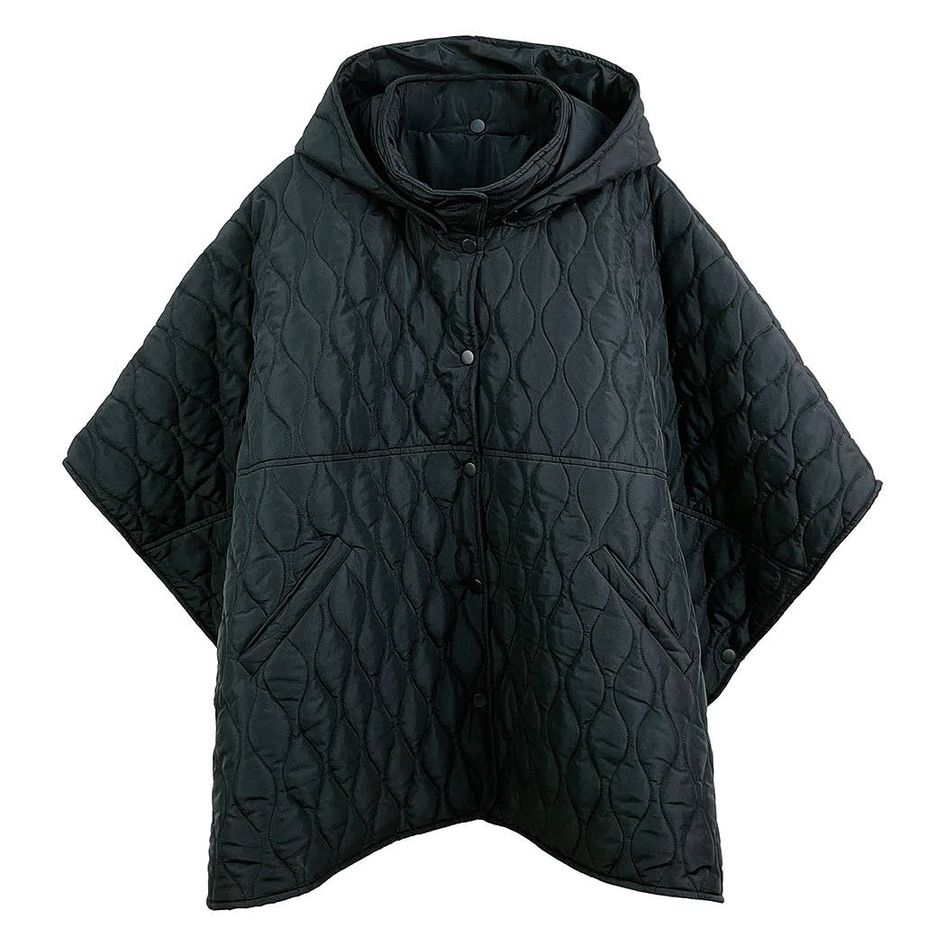 Black Quilted Padded Hoodie Poncho Cape