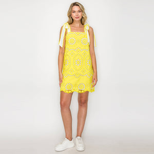 Yellow Daisy Eyelet Embroidery Mini Dress