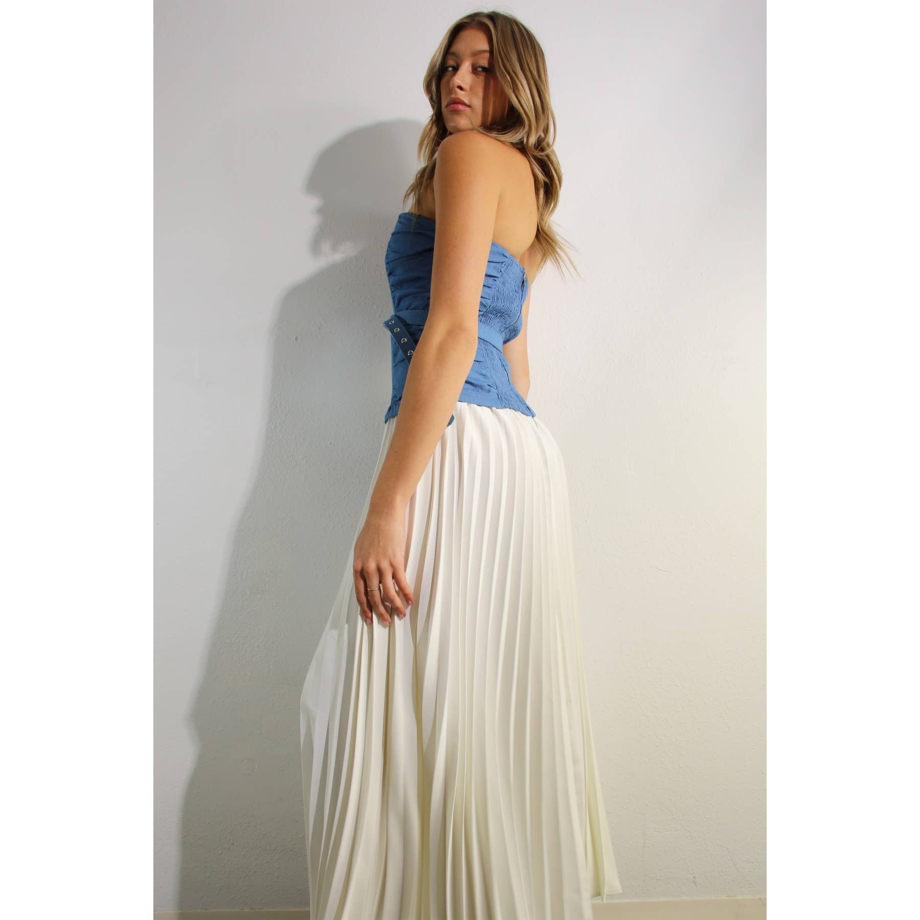 Denim Contrast Pleated Tube Dress