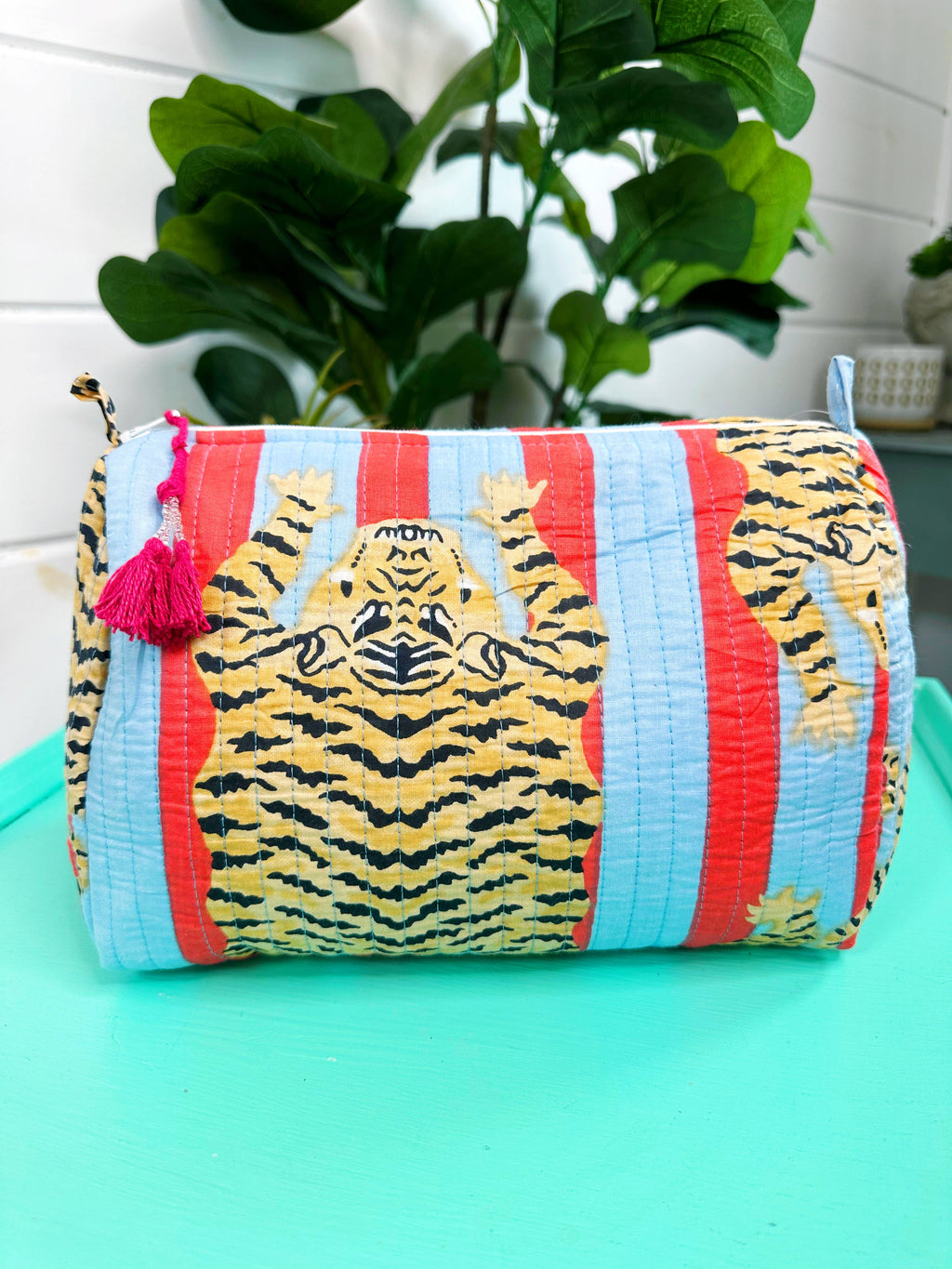 Blue and Tomato Striped Tiger Cosmetic Bag