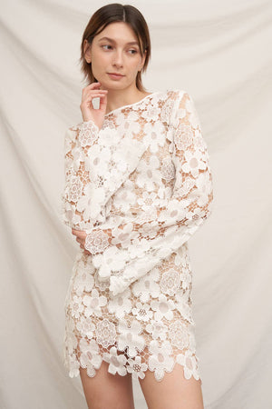 white lace long sleeve mini dress Berylove Women White Lace Long Sleeve Mini Dress Jewel Neck A Line Little White Dress