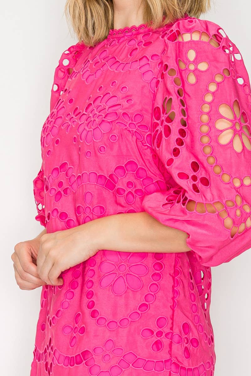 Dragonfruit Pink Daisy Eyelet Mini Dress