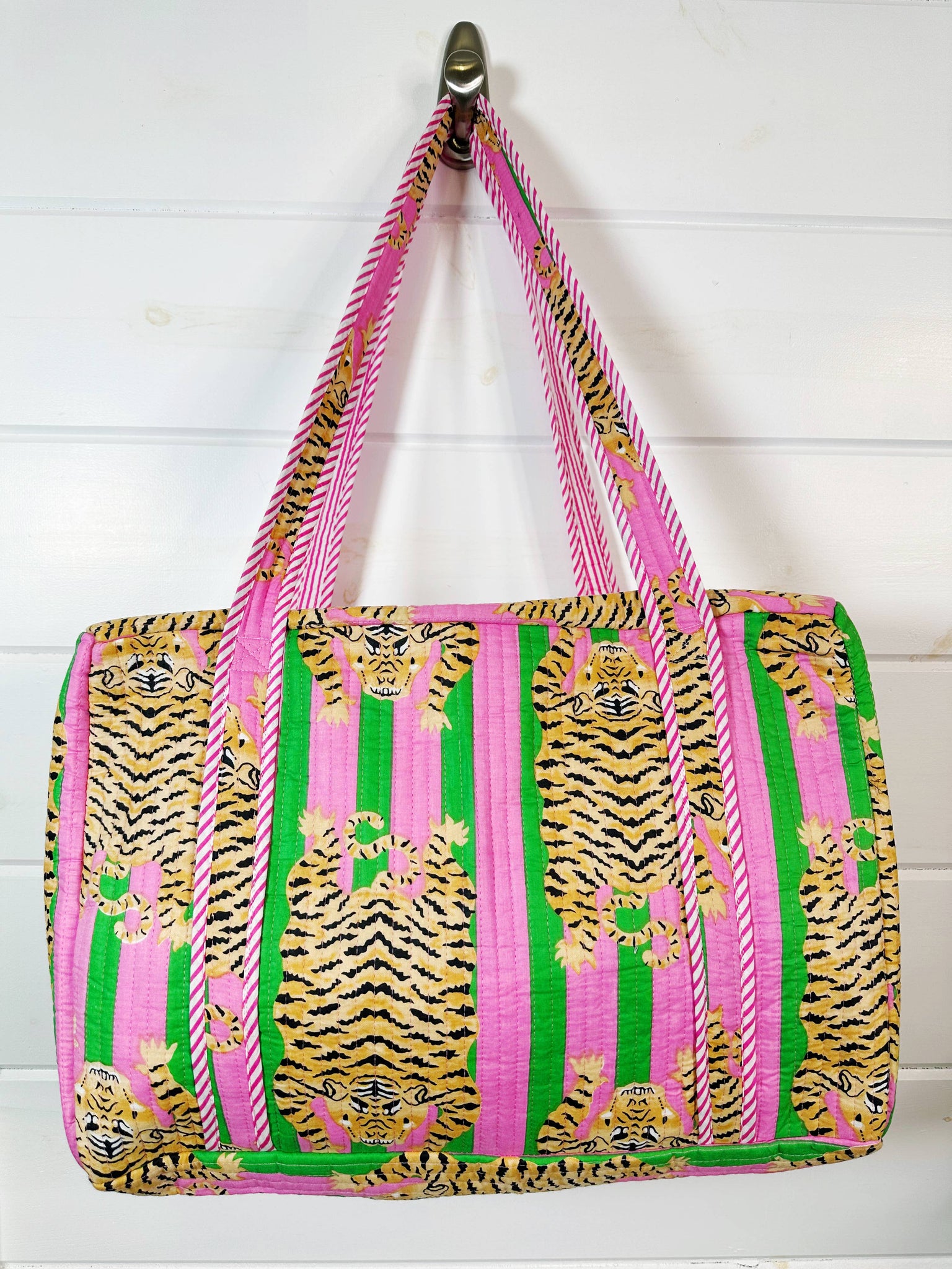 Pink and Green Tiger Quilted Duffle Bag