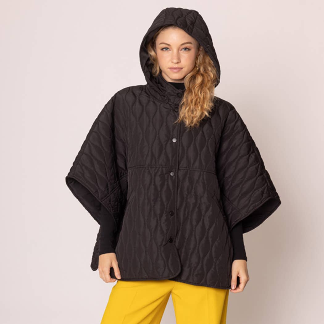 Black Quilted Padded Hoodie Poncho Cape