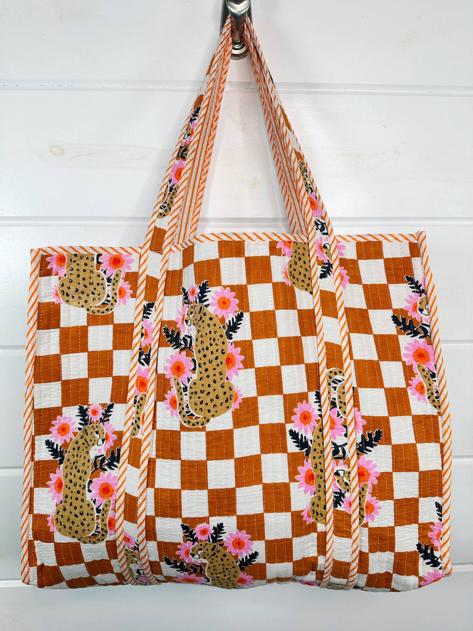 Gold Checkered Jaguar Quilted Tote Bag