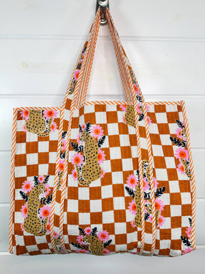 Gold Checkered Jaguar Quilted Tote Bag