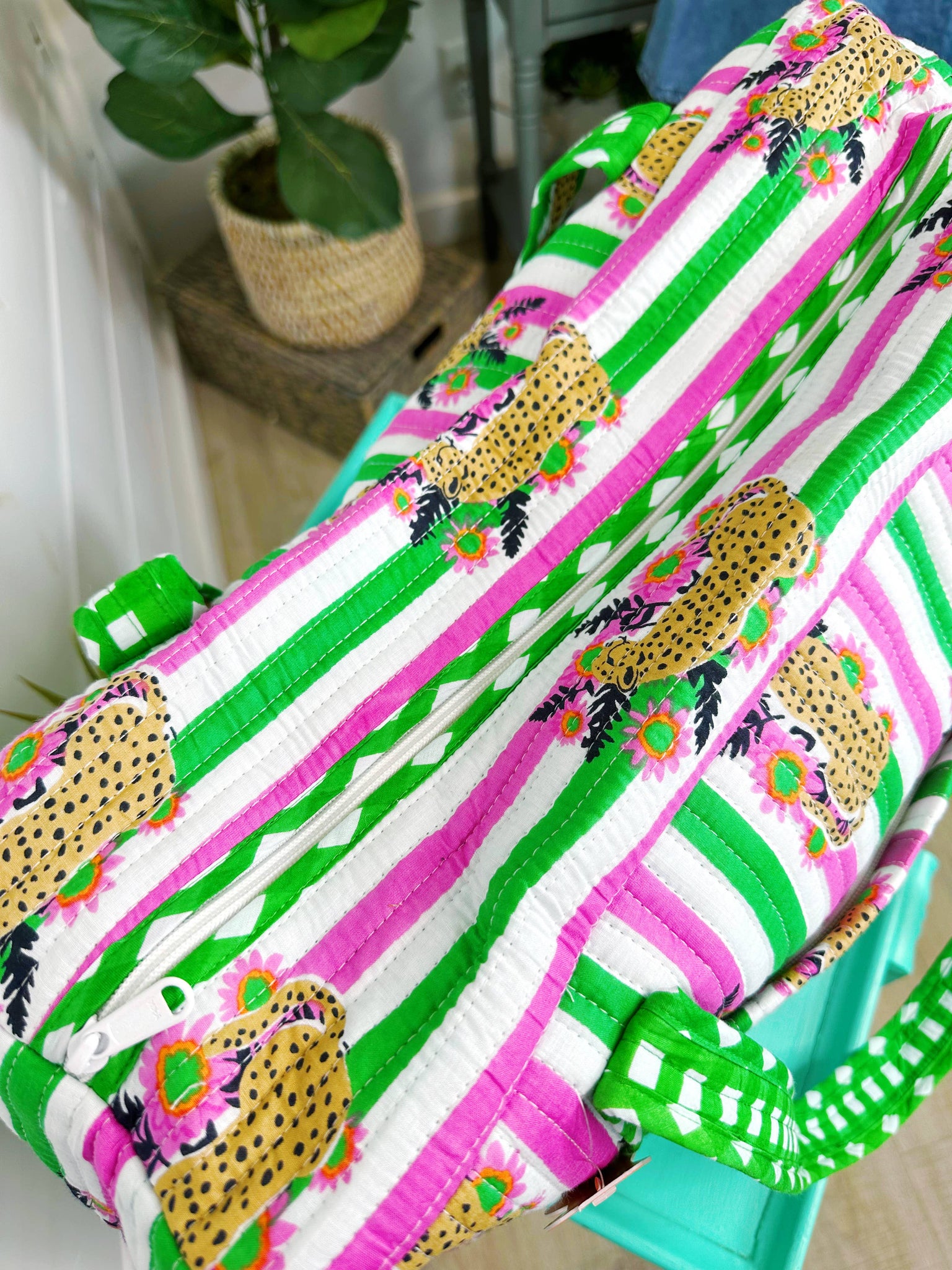 Pink and Green Jaguar Print Quilted Duffle Bag