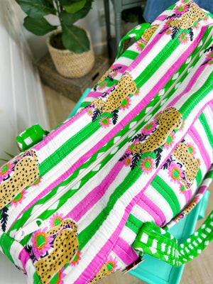 Pink and Green Jaguar Print Quilted Duffle Bag