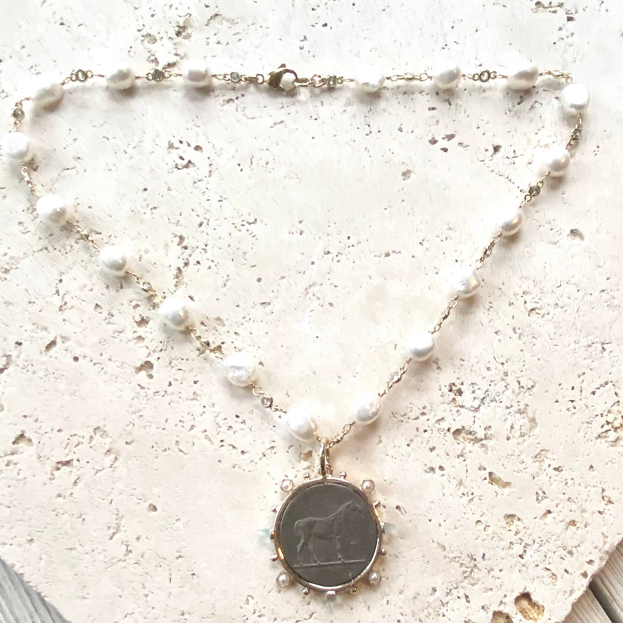 French Coin Medallion Equestrian Necklace