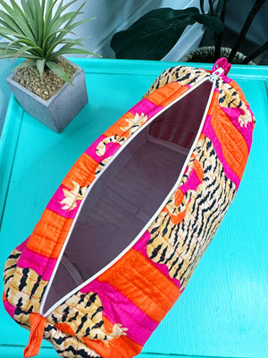 Orange Tiger Print Quilted Cosmetic Bag