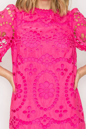 Dragonfruit Pink Daisy Eyelet Mini Dress
