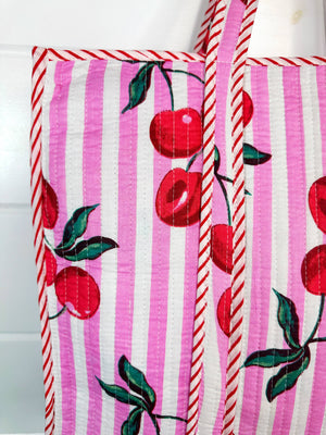 Cherry Print Quilted Tote Bag
