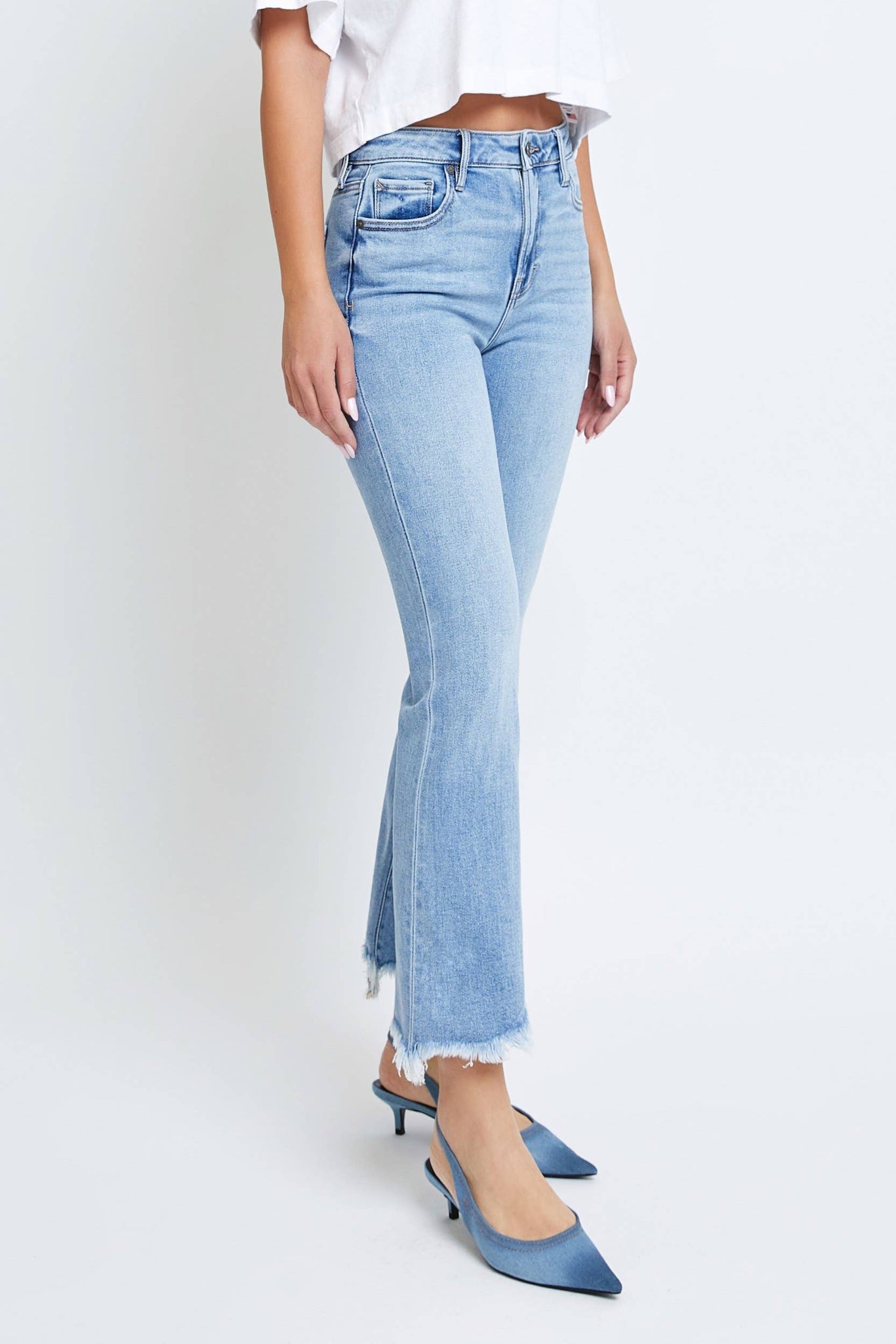 Hidden Jeans - Medium Wash Clean Frayed Hem Stretch Crop Flare