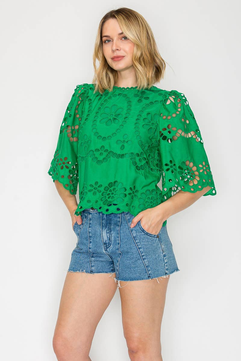 Green Daisy Eyelet Top