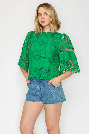 Green Daisy Eyelet Top