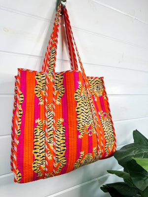 Orange Quilted Tiger Print Tote Bag
