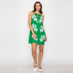Green Leaves Placement Print Mini Halter Dress