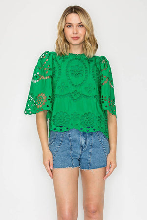 Green Daisy Eyelet Top