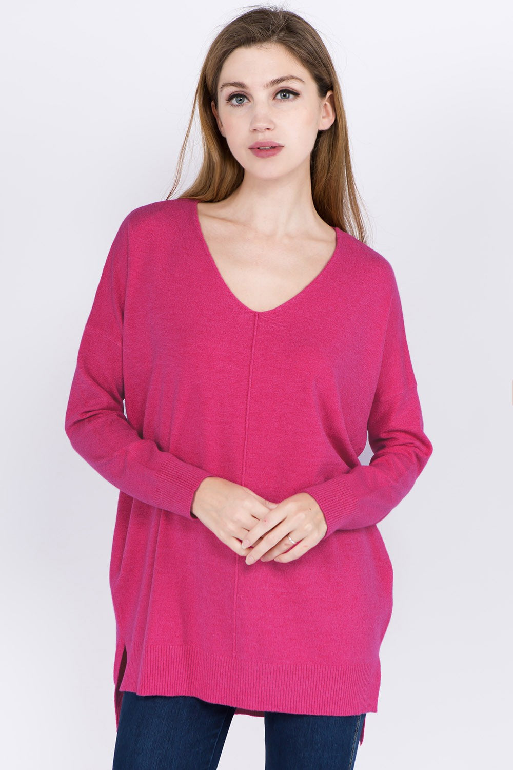 Heather Hot Pink V Neck Sweater