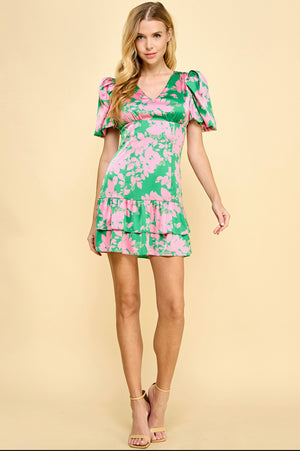 Green Floral Puff Sleeve Dress