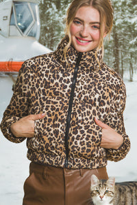 Leopard Print Bomber Puffer Jacket