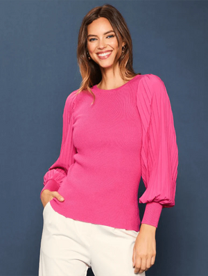Mixed Media Pleated Sleeve Sweater