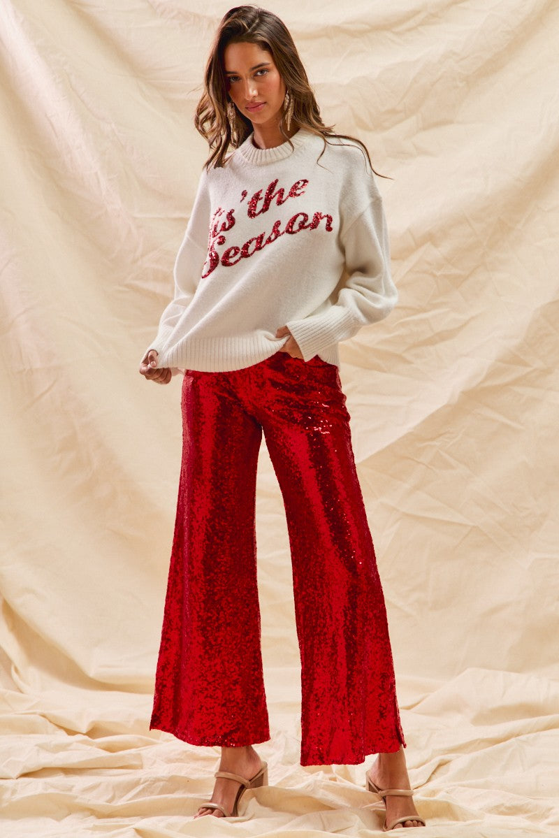 Sequin Mid Rise Leg Holiday Pants