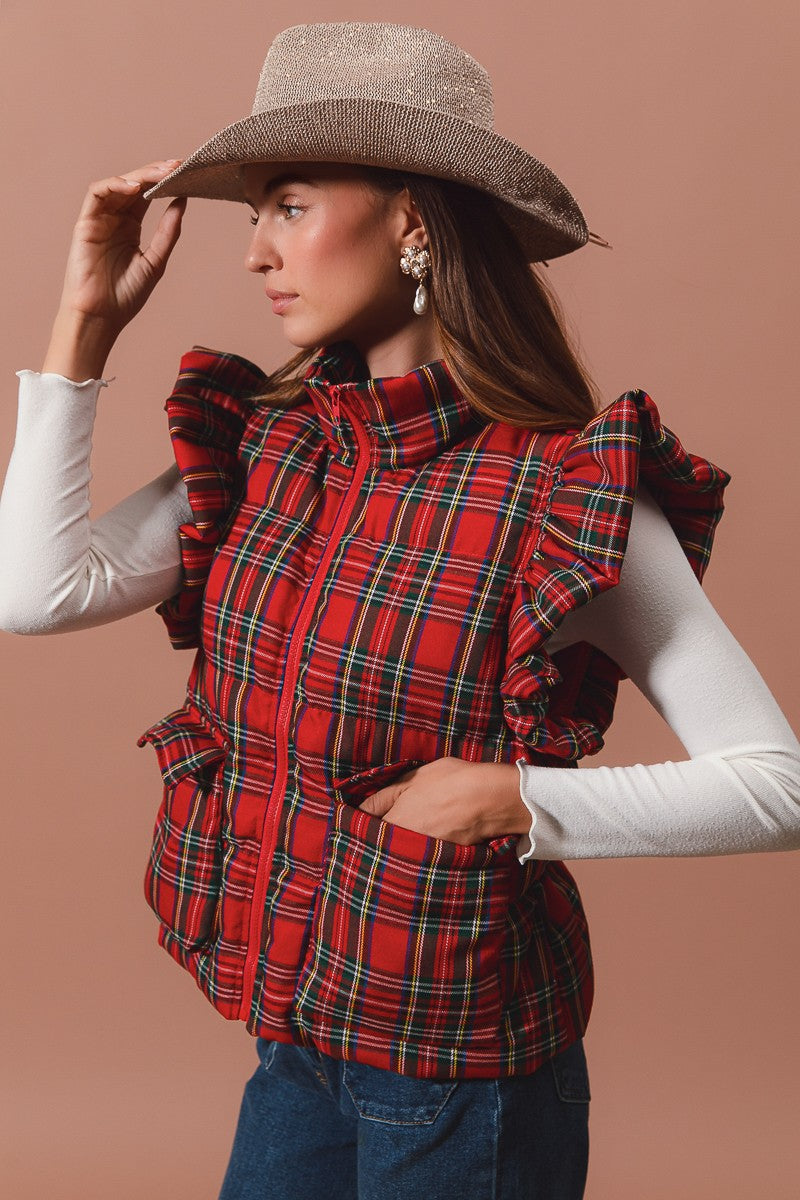 Ruffle Plaid Puffer Vest