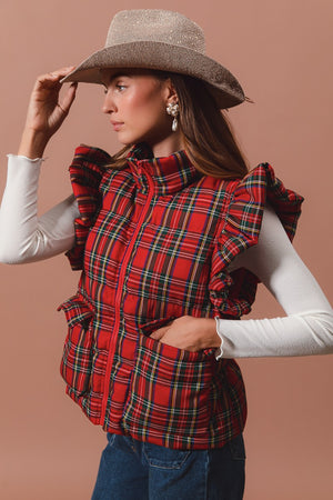 Ruffle Plaid Puffer Vest