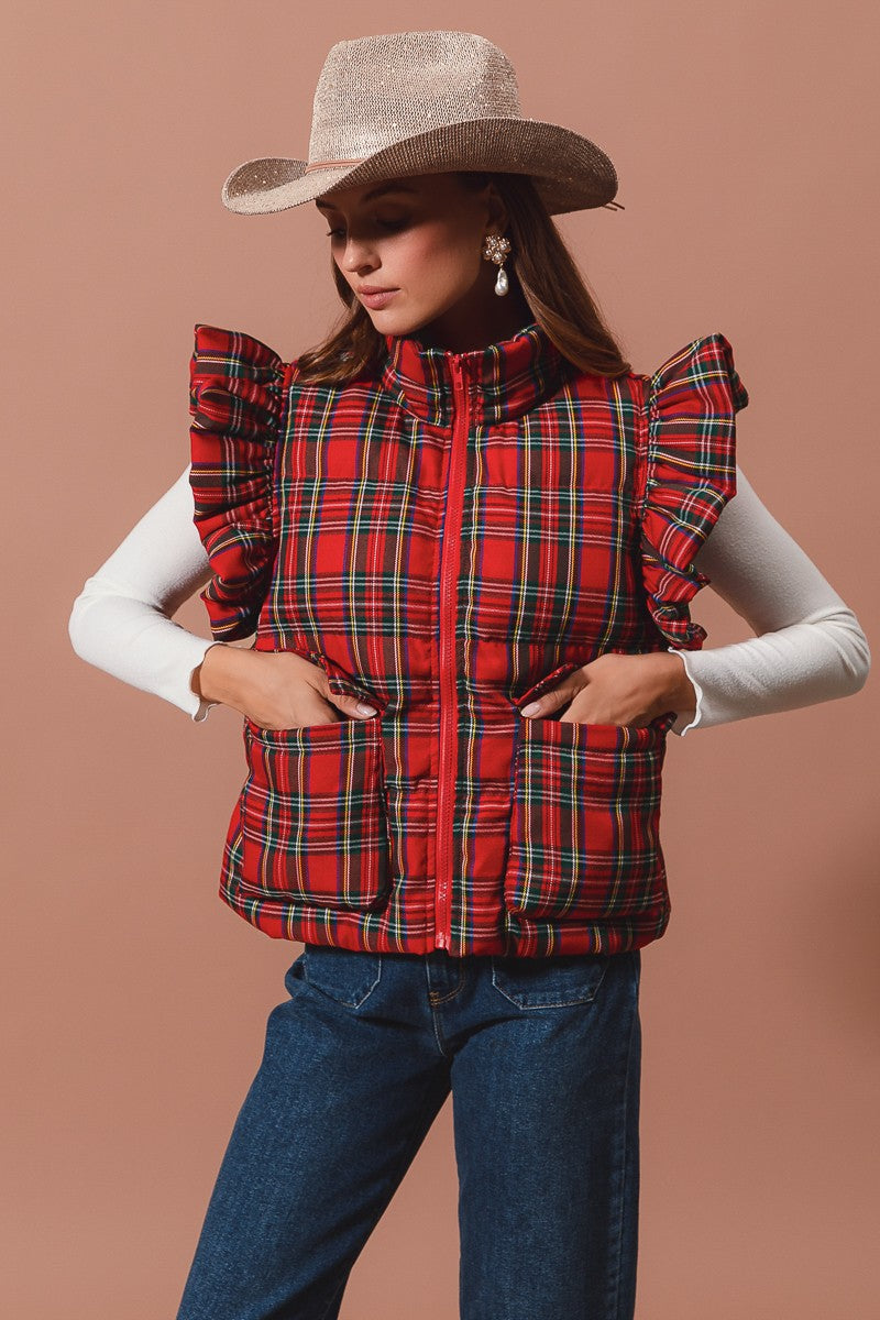 Ruffle Plaid Puffer Vest