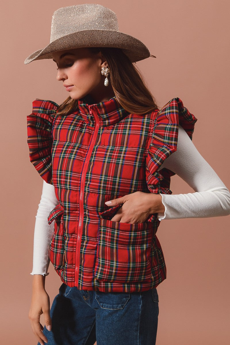 Ruffle Plaid Puffer Vest