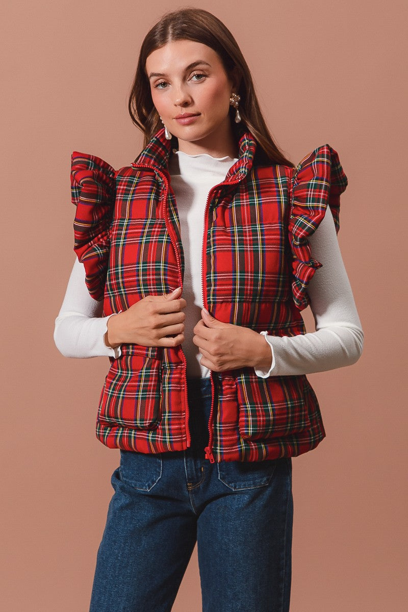 Ruffle Plaid Puffer Vest