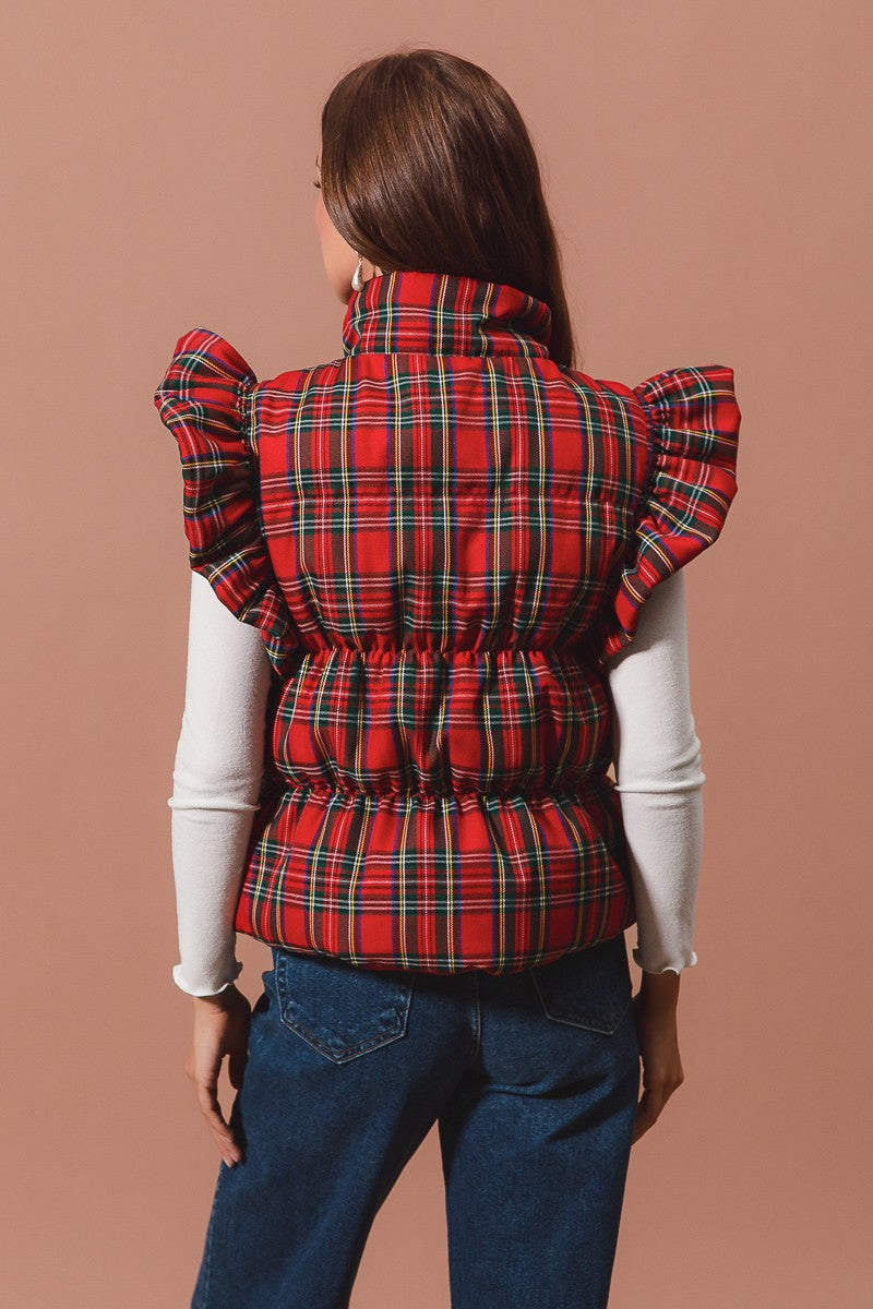 Ruffle Plaid Puffer Vest