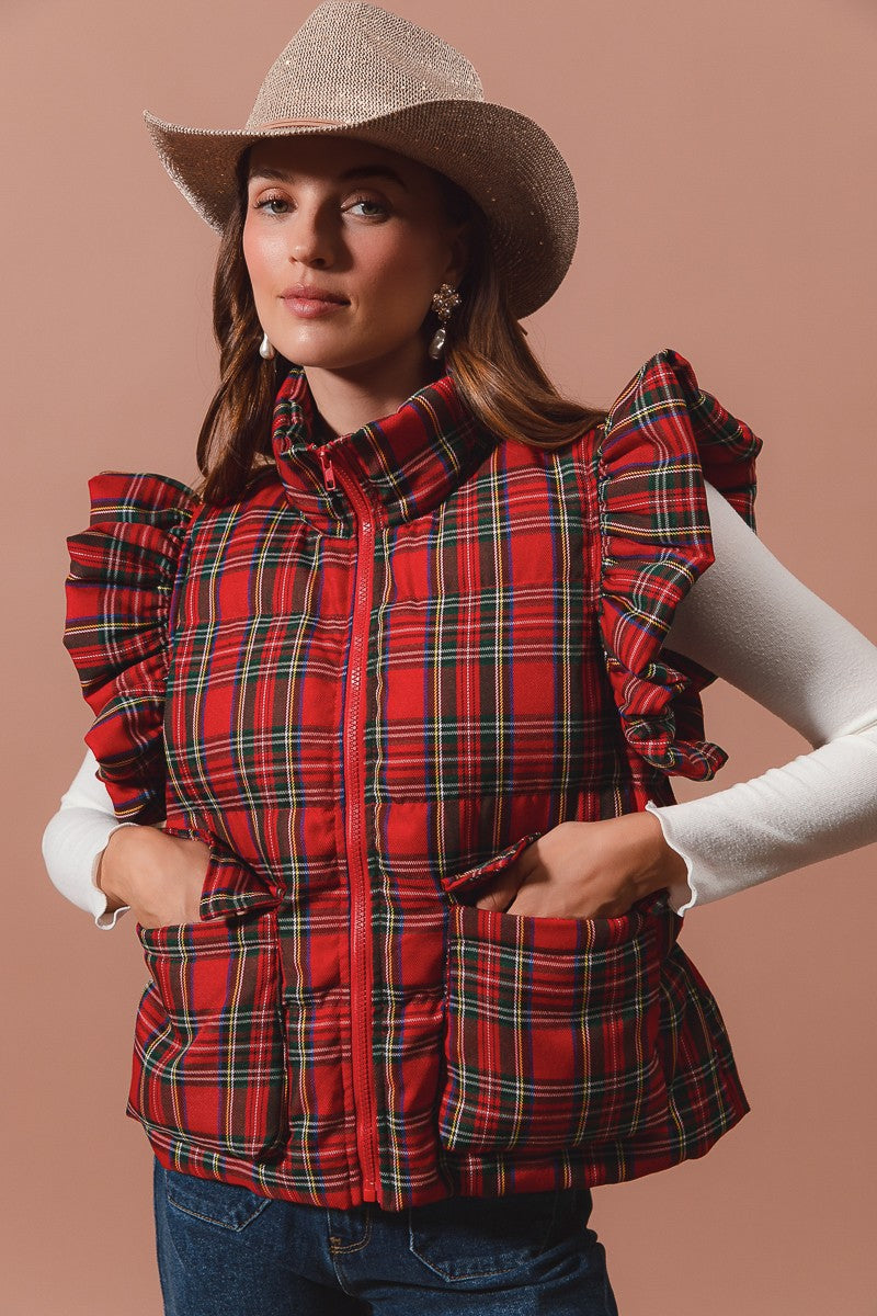 Ruffle Plaid Puffer Vest